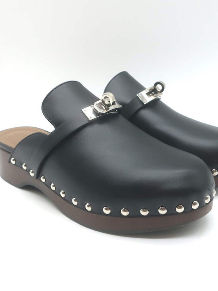 Hermes Carlotta Mules Black Leather Size 36